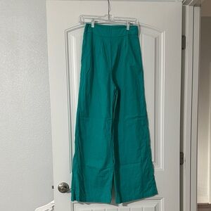 High-Waist Wide Leg Cotton Pants in Teal Green